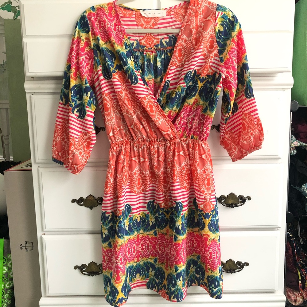 Size S Floral and Stripe 3/4 Sleeve Mini Dress